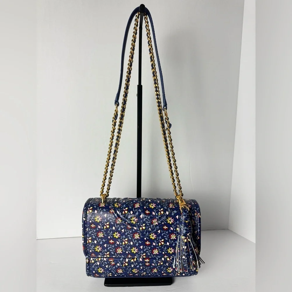 TORY BURCH FLEMING PRINTED SMALL CONVERTIBLE SHOULDER BAG BLUE WILD PANSY